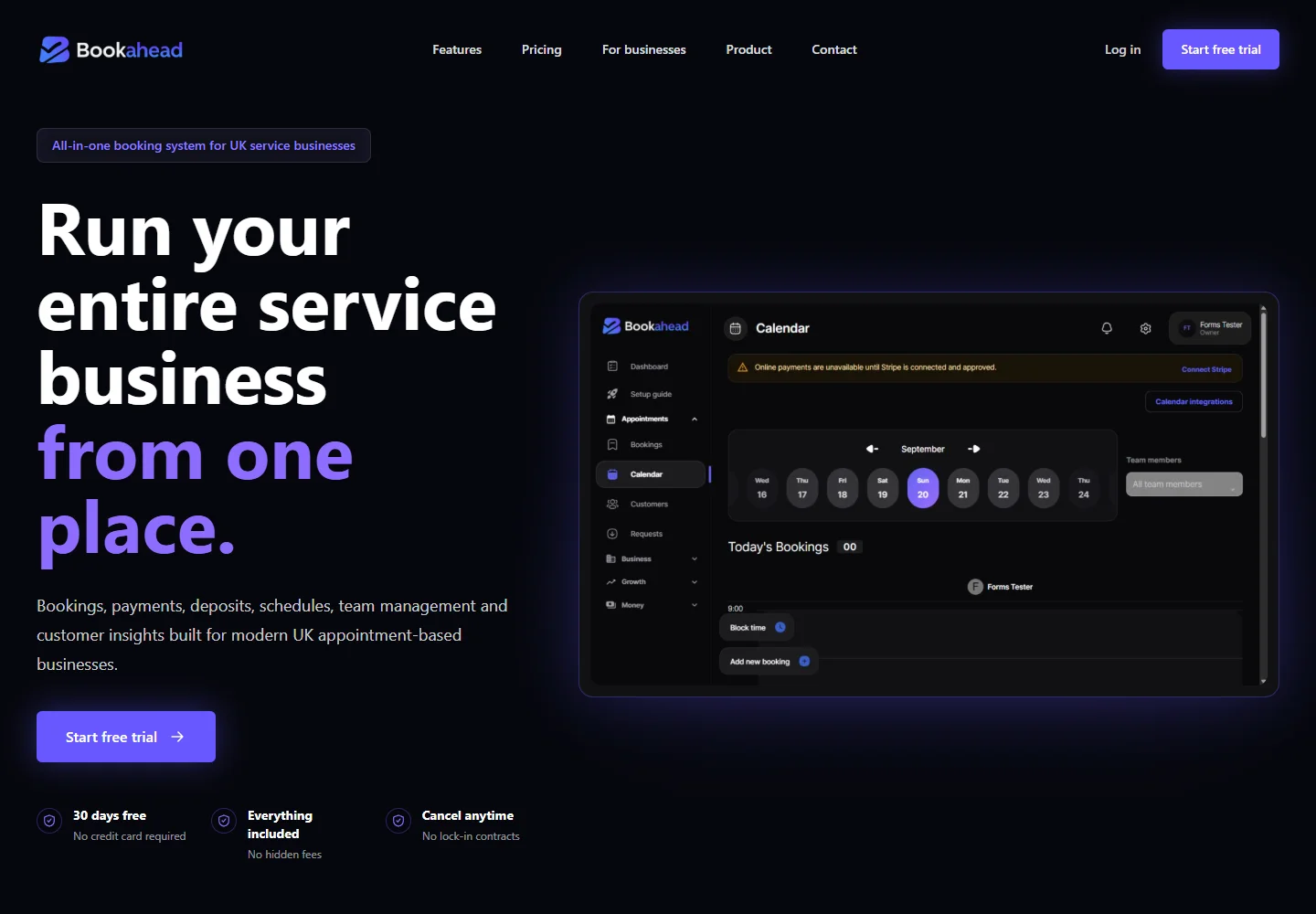 Bookahead website introducing its booking and business management platform
