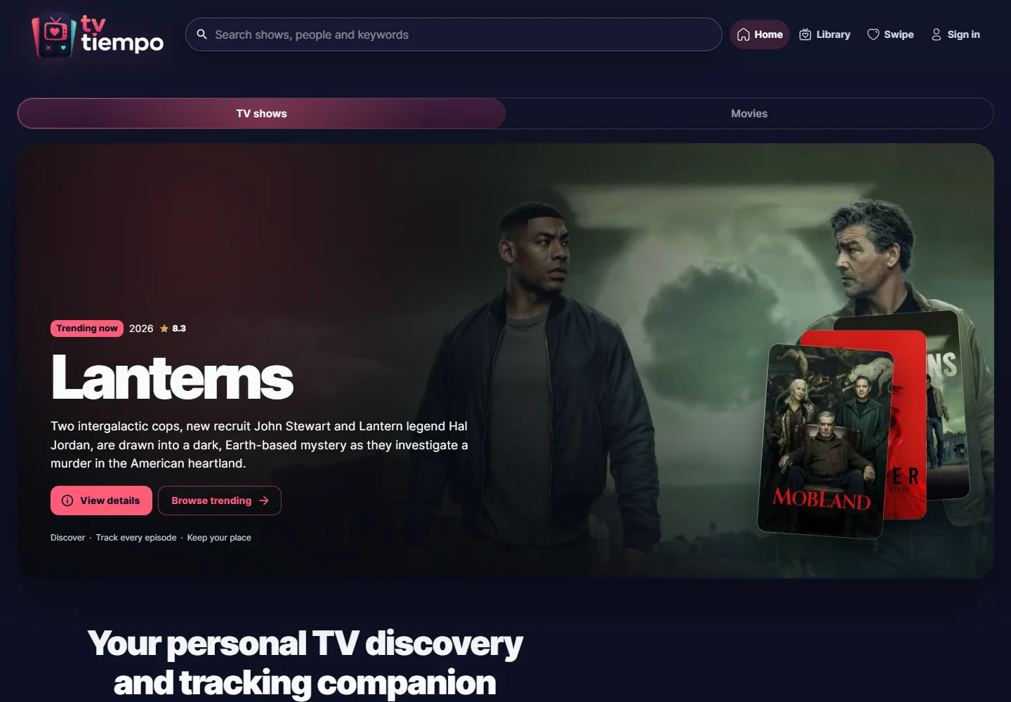 TV tiempo’s TV discovery page with featured shows and recommendations